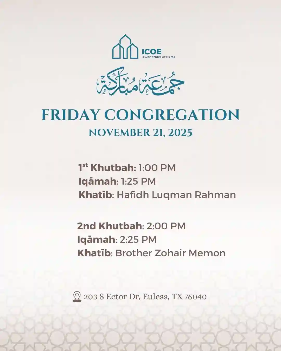 Friday Congregation 21st November, 2025